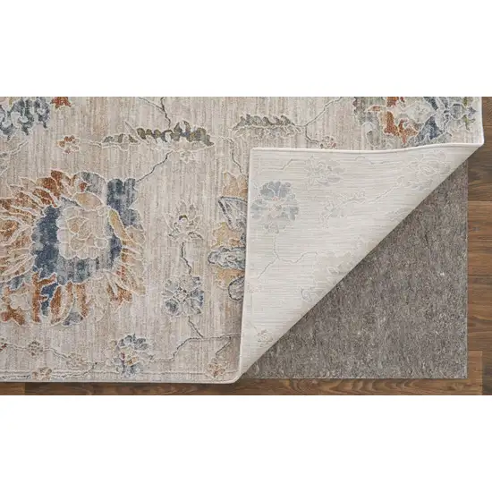 Ivory Taupe and Blue Floral Power Loom Worn Faded Area Rug With Fringe Photo 9