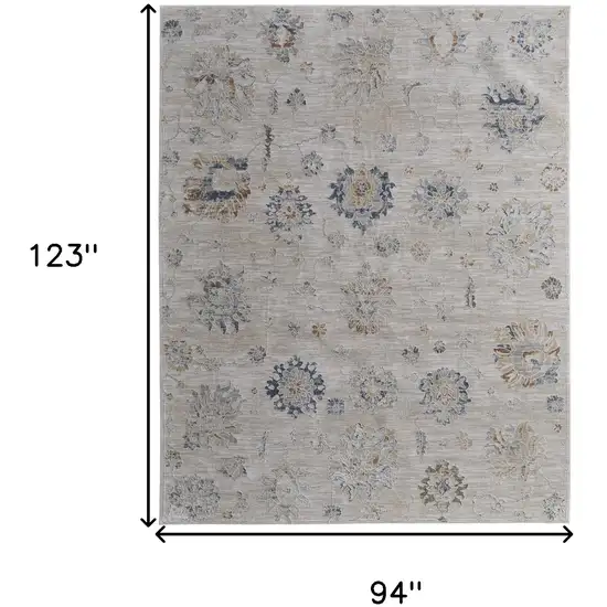 Ivory Taupe and Blue Floral Power Loom Worn Faded Area Rug With Fringe Photo 3