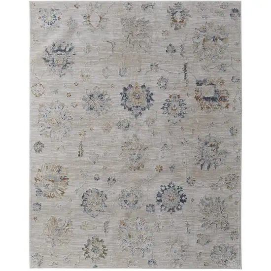 Ivory Taupe and Blue Floral Power Loom Worn Faded Area Rug With Fringe Photo 4