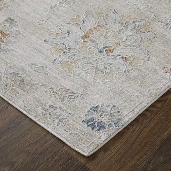 Ivory Taupe and Blue Floral Power Loom Worn Faded Area Rug With Fringe Photo 8