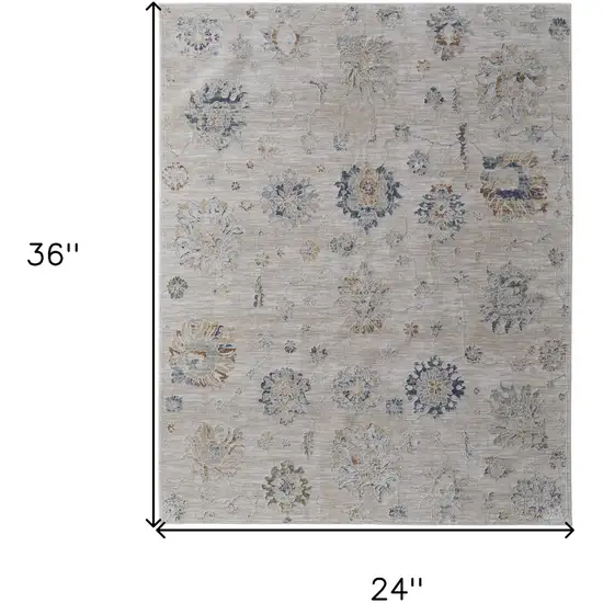 Ivory Taupe and Blue Floral Power Loom Worn Faded Area Rug With Fringe Photo 3