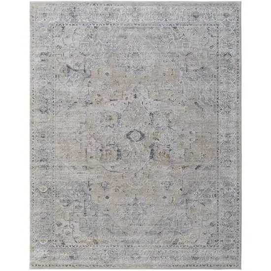 Ivory Taupe and Blue Oriental Power Loom Worn Faded Area Rug With Fringe Photo 4