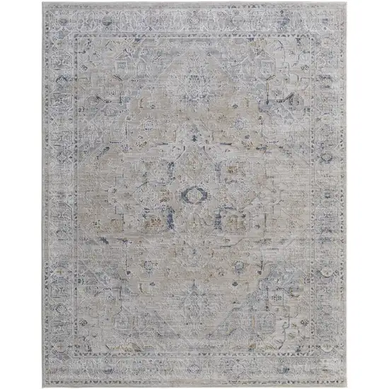 Ivory Taupe and Blue Oriental Power Loom Worn Faded Area Rug With Fringe Photo 5