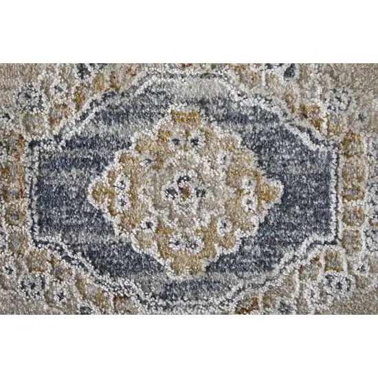 Ivory Taupe and Blue Oriental Power Loom Worn Faded Area Rug With Fringe Photo 7