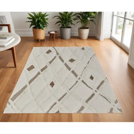 Ivory Taupe and Brown Wool Geometric Hand Tufted Area Rug Photo 2