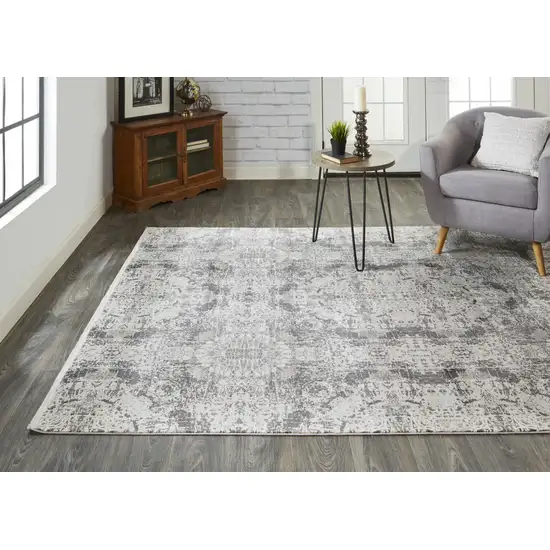 Ivory Taupe and Gray Abstract Power Loom Distressed Area Rug With Fringe Photo 9