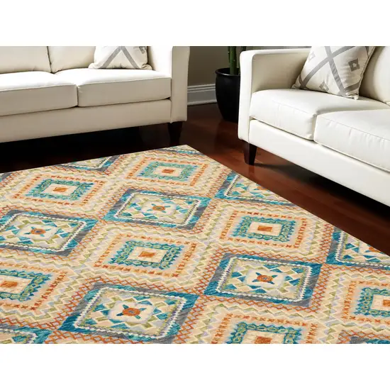 Ivory Teal Blue And Gray Wool Geometric Hand Tufted Area Rug Photo 1