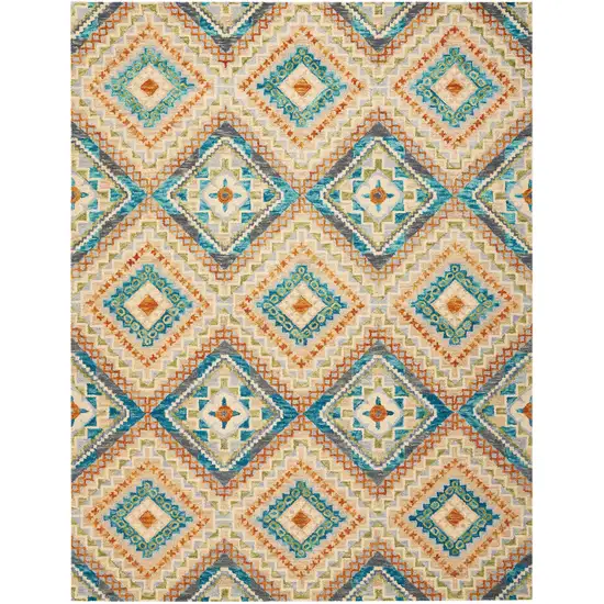 Ivory Teal Blue And Gray Wool Geometric Hand Tufted Area Rug Photo 4