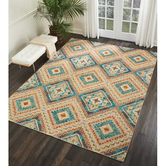 Ivory Teal Blue And Gray Wool Geometric Hand Tufted Area Rug Photo 8