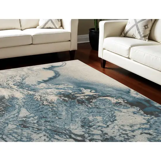 Ivory Teal Blue and Black Abstract Non Skid Area Rug Photo 1