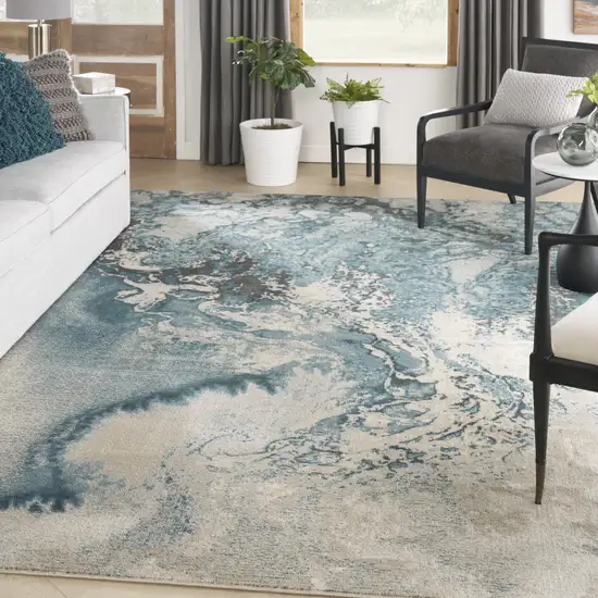 Ivory Teal Blue and Black Abstract Non Skid Area Rug Photo 8