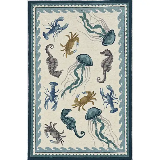 2'X3' Ivory Teal Hand Hooked Uv Treated Bordered Coastal Sea Life Indoor Outdoor Accent Rug Photo 2