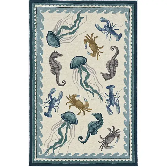 2'X3' Ivory Teal Hand Hooked Uv Treated Bordered Coastal Sea Life Indoor Outdoor Accent Rug Photo 2