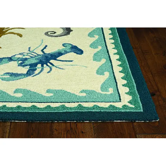 Ivory Teal Hand Hooked UV Treated Bordered Coastal Sea Life Indoor Outdoor Accent Rug Photo 3