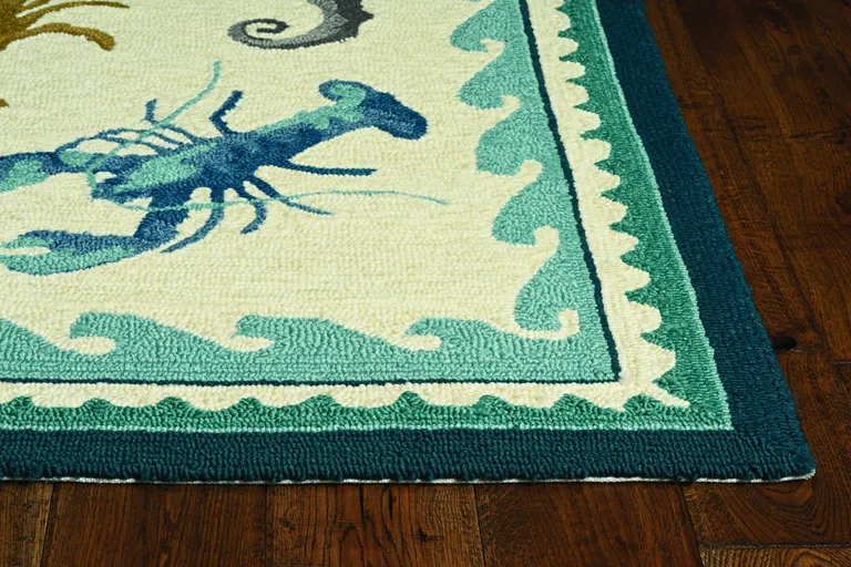 Ivory Teal Hand Hooked UV Treated Bordered Coastal Sea Life Indoor Outdoor Accent Rug Photo 3