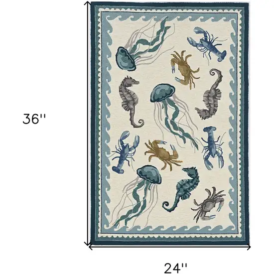 2'X3' Ivory Teal Hand Hooked Uv Treated Bordered Coastal Sea Life Indoor Outdoor Accent Rug Photo 3