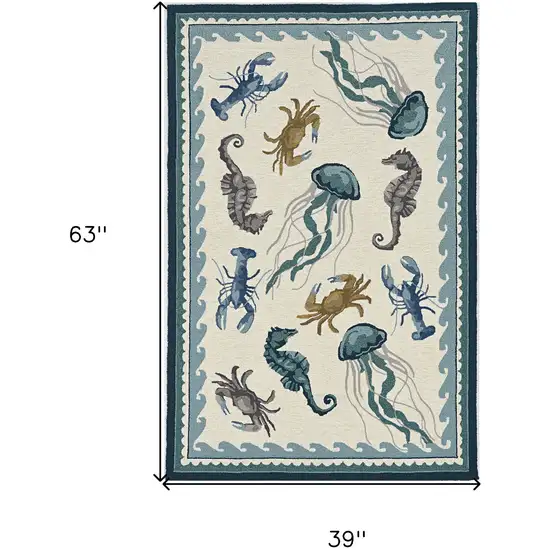 Ivory Teal Hand Hooked UV Treated Coastal Sea Life Indoor Outdoor Area Rug Photo 5