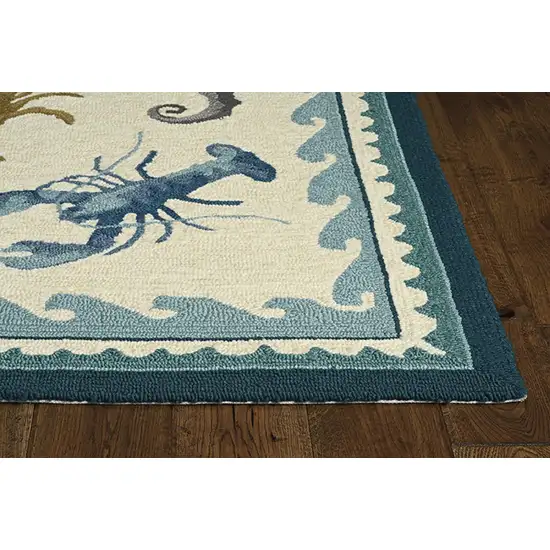 Ivory Teal Hand Hooked UV Treated Coastal Sea Life Indoor Outdoor Area Rug Photo 3