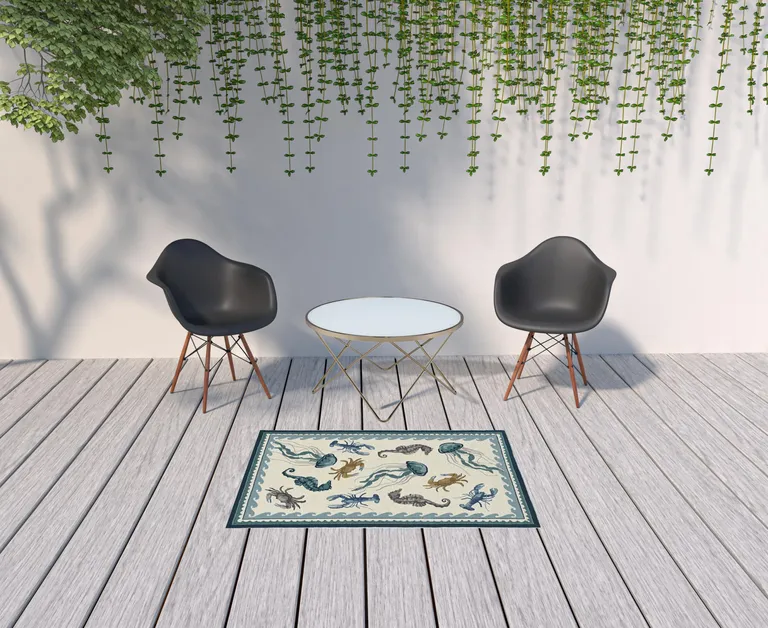 Ivory Teal Hand Hooked UV Treated Coastal Sea Life Indoor Outdoor Area Rug Photo 4