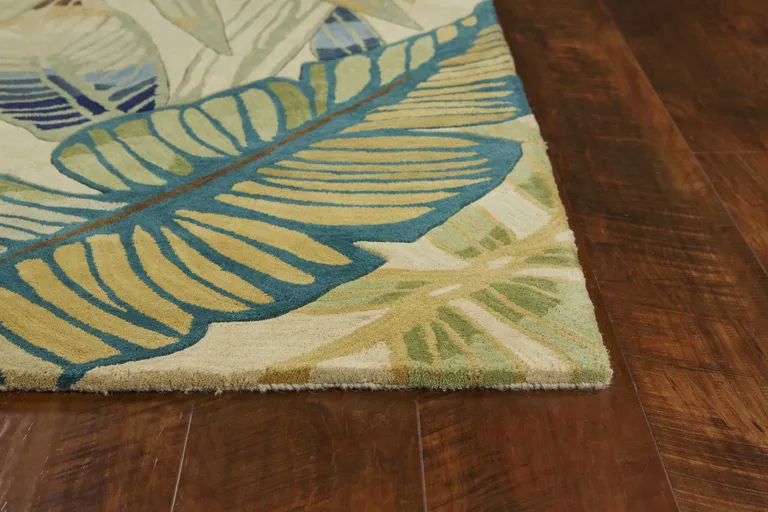 Ivory Teal Hand Tufted Tropical Leaves Indoor Area Rug Photo 2