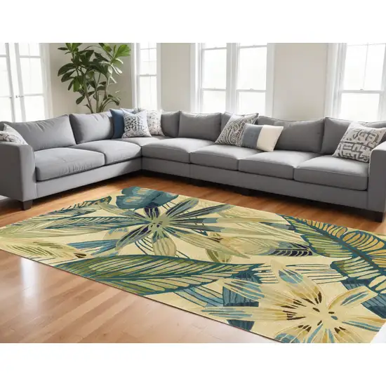 Ivory Teal Hand Tufted Tropical Leaves Indoor Area Rug Photo 2