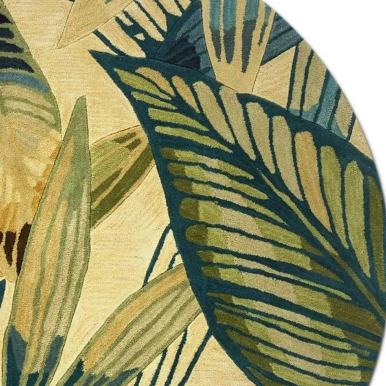 Ivory Teal Hand Tufted Tropical Leaves Round Indoor Area Rug Photo 4