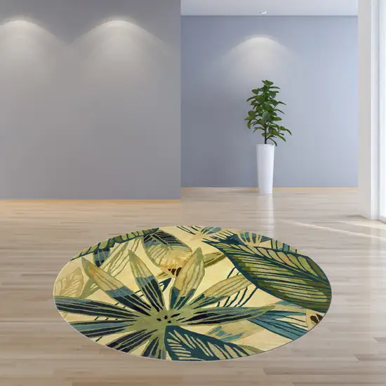 Ivory Teal Hand Tufted Tropical Leaves Round Indoor Area Rug Photo 6