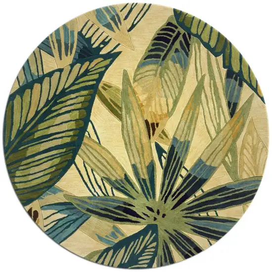 Ivory Teal Hand Tufted Tropical Leaves Round Indoor Area Rug Photo 3