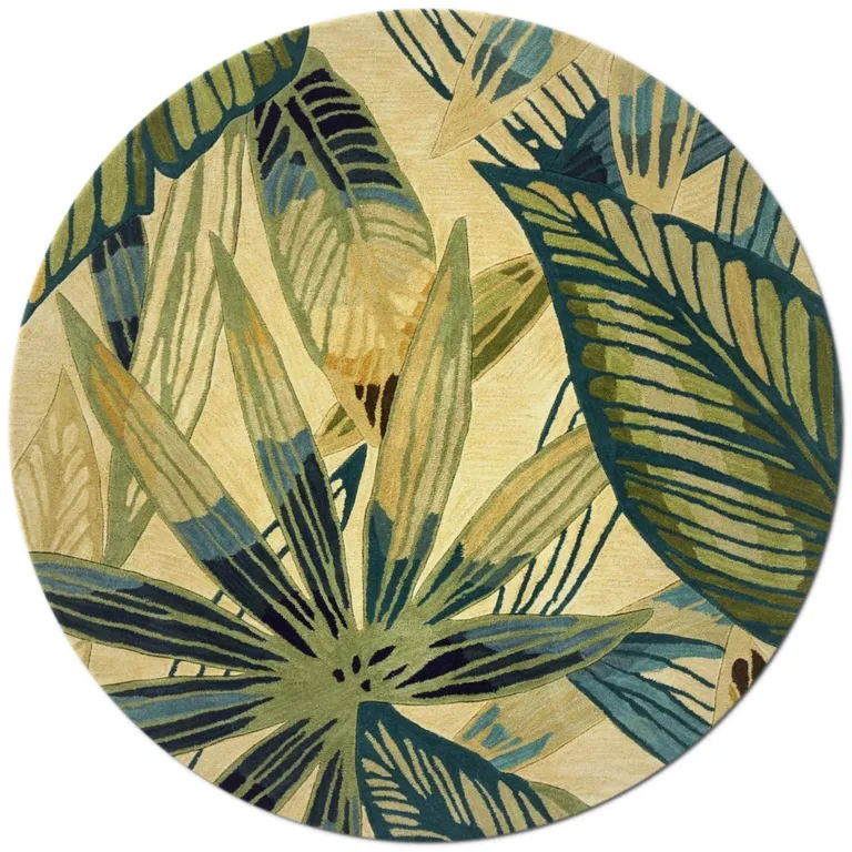 Ivory Teal Hand Tufted Tropical Leaves Round Indoor Area Rug Photo 1