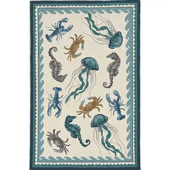 8'X10' Ivory Teal Hand Woven Uv Treated Coastal Sea Life Indoor Outdoor Area Rug Photo 1