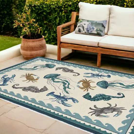 8'X10' Ivory Teal Hand Woven Uv Treated Coastal Sea Life Indoor Outdoor Area Rug Photo 2