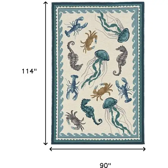 8'X10' Ivory Teal Hand Woven Uv Treated Coastal Sea Life Indoor Outdoor Area Rug Photo 6