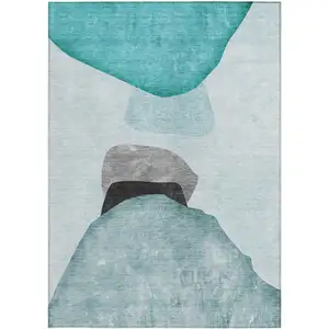 Photo of Ivory Teal and Gray Abstract Washable Non Skid Indoor Outdoor Area Rug