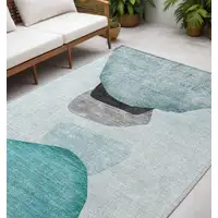 Photo of Ivory Teal and Gray Abstract Washable Non Skid Indoor Outdoor Area Rug