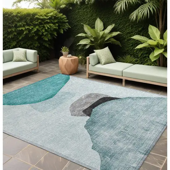 Ivory Teal and Gray Abstract Washable Non Skid Indoor Outdoor Area Rug Photo 1