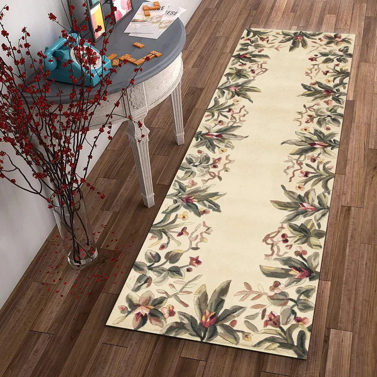 Ivory Tropical Leaves Bordered Wool Indoor Runner Rug Photo 4