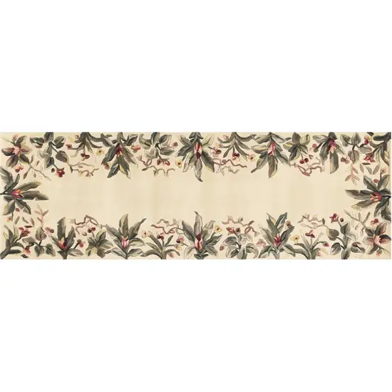 Ivory Tropical Leaves Bordered Wool Indoor Runner Rug Photo 2