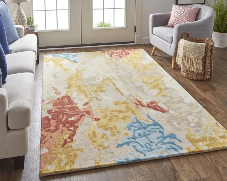 Ivory Yellow And Blue Wool Abstract Tufted Handmade Stain Resistant Area Rug Photo 5