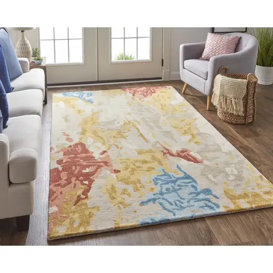 Ivory Yellow And Blue Wool Abstract Tufted Handmade Stain Resistant Area Rug Photo 5