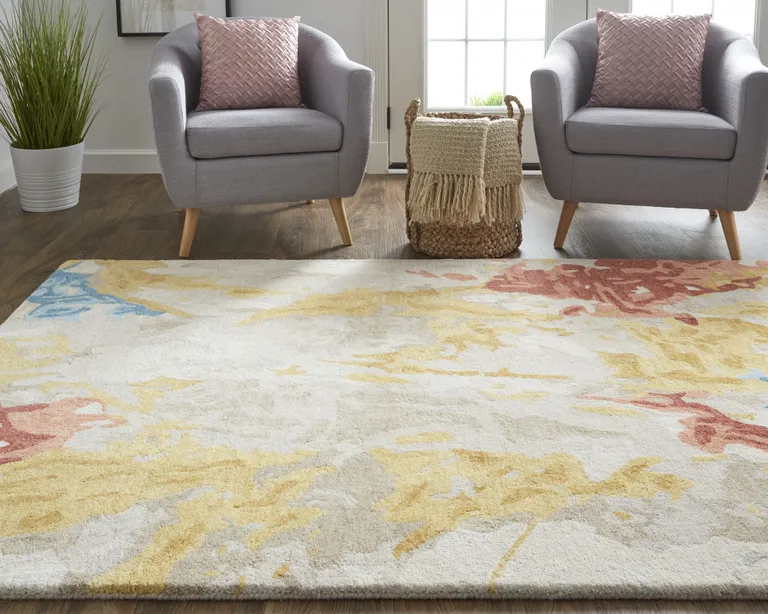 Ivory Yellow And Blue Wool Abstract Tufted Handmade Stain Resistant Area Rug Photo 2