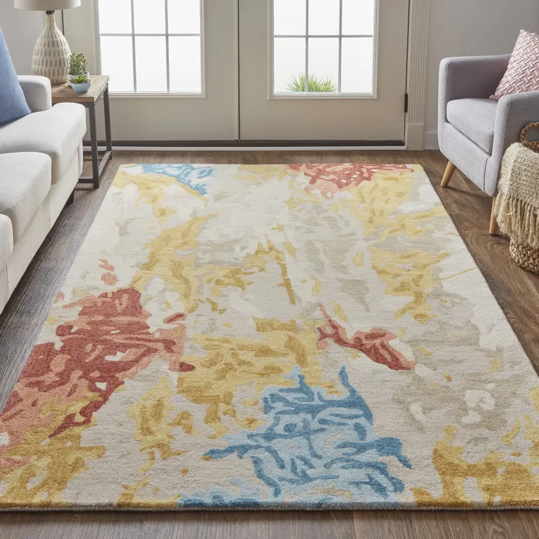 Ivory Yellow And Blue Wool Abstract Tufted Handmade Stain Resistant Area Rug Photo 1