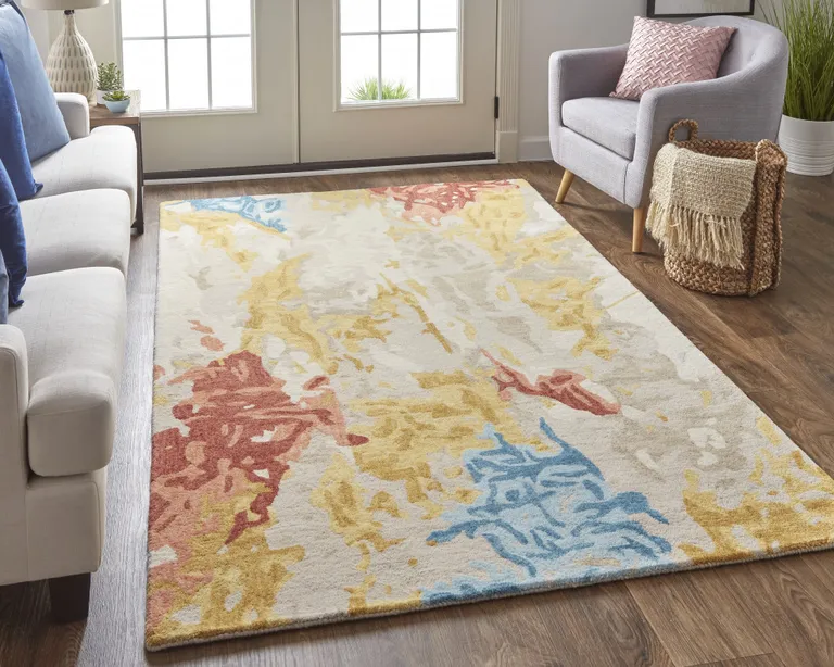 Ivory Yellow And Blue Wool Abstract Tufted Handmade Stain Resistant Area Rug Photo 2