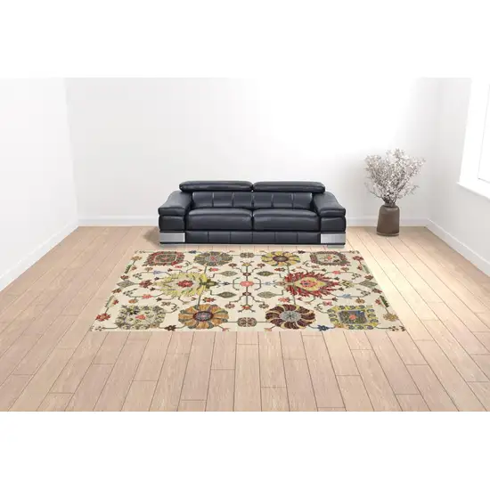 Ivory Yellow Rust Green Grey Pink Orange Blue And Grey Oriental Power Loom Stain Resistant Area Rug With Fringe Photo 4