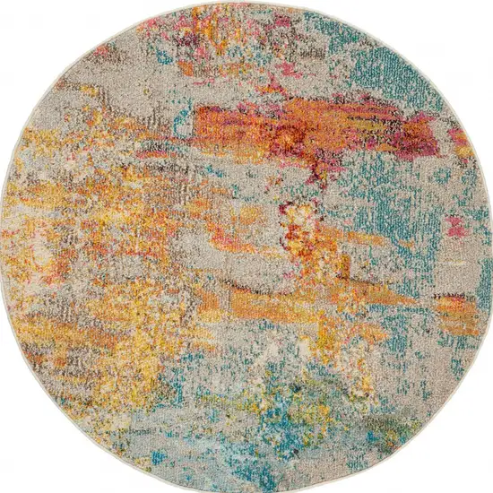 Ivory and Aqua Round Abstract Power Loom Non Skid Area Rug Photo 4