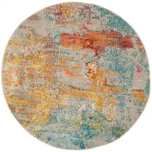 Photo of Ivory and Aqua Round Abstract Power Loom Non Skid Area Rug