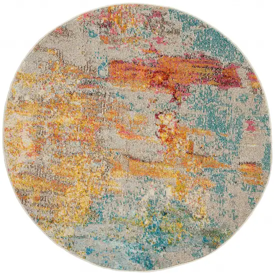 Ivory and Aqua Round Abstract Power Loom Non Skid Area Rug Photo 1