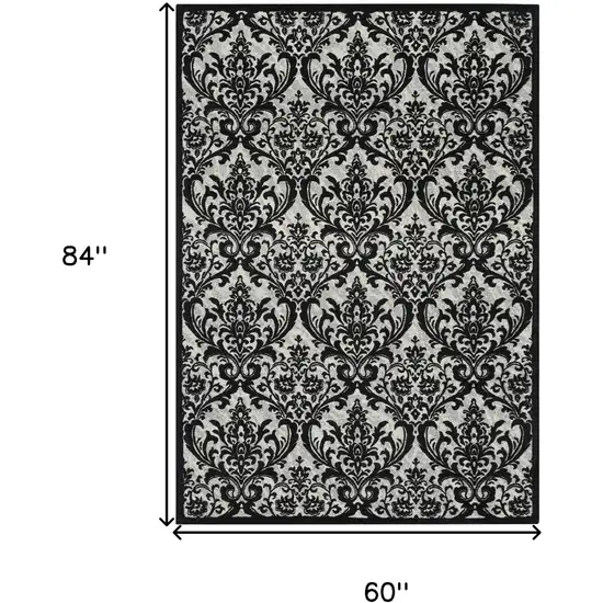 Ivory and Black Damask Distressed Area Rug Photo 3