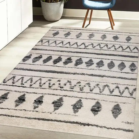 Ivory and Black Geometric Shag Area Rug Photo 5