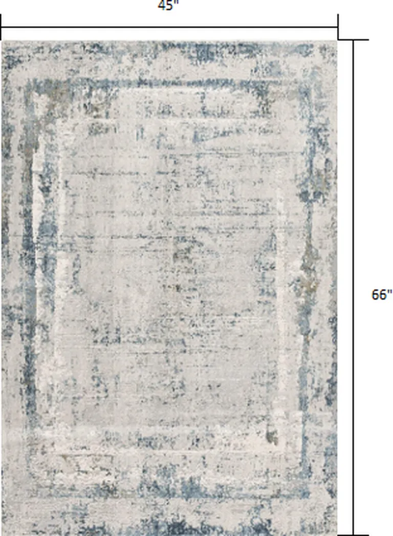 Ivory and Blue Abstract Distressed Area Rug Photo 2