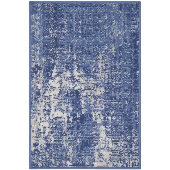 Ivory and Blue Abstract Distressed Area Rug Photo 2